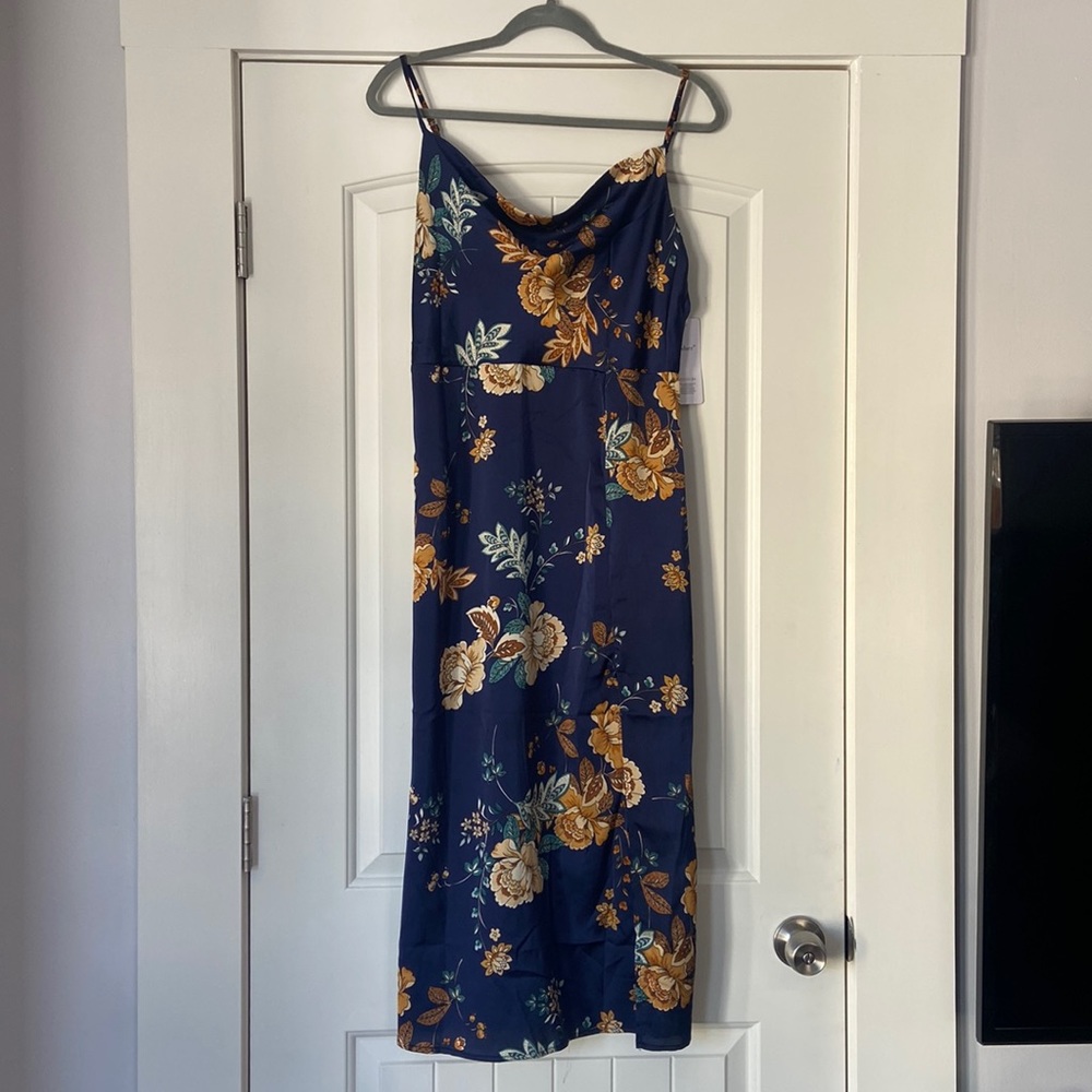 Stunning navy and gold floral satin dress - L NWT
